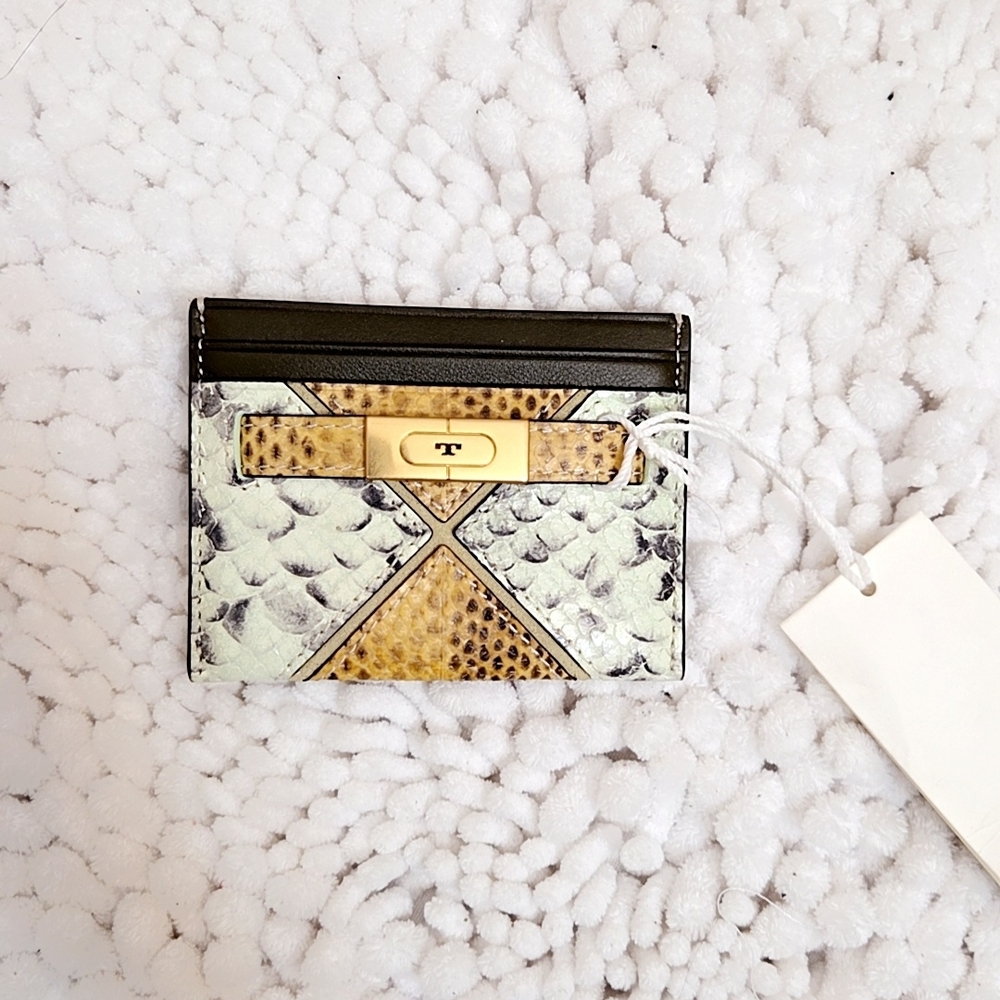 Tory Burch Snakeskin Card Holder in Olive and Gold